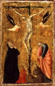 De kruisiging met de Maagd en de heiligen Johannes de Evangelist, Franciscus van Assisi en Maria Magdalena door Master of Verrucchio