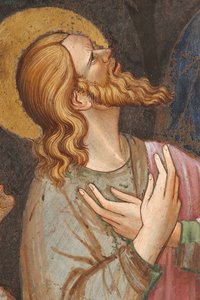 "Hemelvaart van de Maagd" en "de Maagd Maria laat de gordel of Heilige Riem vallen naar St. Thomas", detail van een apostel, ca. 1420 (fresco)