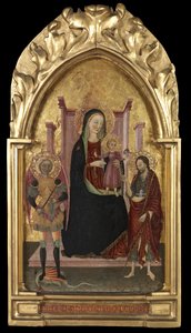Maagd en Kind op de Troon met de Heilige Michaël en de Heilige Johannes de Doper door Master of the Arcetri Altarpiece