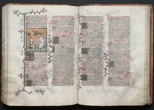 Het Gotha-missaal: Fol. 116v, St. Maria Magdalena knielt, ca. 1375 door Master of the Boqueteaux