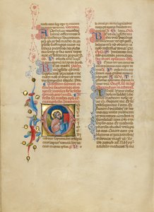 Beginletter O: De engel van Mattheüs die zijn evangelie omhoog houdt door Master of the Brussels Initials