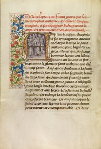 Initial A: Het lichaam van de heilige Antonius vervoerd naar Constantinopel en de genezing van twee lepralijders na het aanraken van het lichaam van de heilige