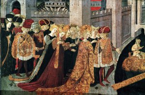 Decameron van Boccaccio (Jean Boccaccio): de kasteelheer Pericone verwelkomt Alatiel, dochter van de sultan van Babylon Beminedab en haar gevolg op het eiland Mallorca door Master of the Cassoni