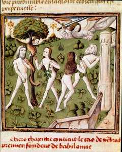 Adam en Eva plukken de verboden vrucht. Miniatuur van de Meester van de Kampioen van Dames (15e eeuw) uit het manuscript 