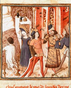 Legende van Jocaste, koningin van Thebe. Oedipus, blind, na het realiseren dat hij zijn eigen vader heeft gedood Miniatuur van de Meester van de Kampioen van Dames (15e eeuw) uit het manuscript 