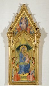 Madonna op een troon tussen twee engelen, Sint Johannes Baptist en Sint Petrus (schilderij op hout) door Master of the Codex of Saint George