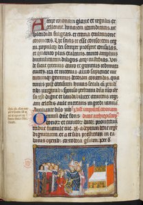 De aartsbisschop van Reims plaatst de kroon op het hoofd van de koningin en de baronnen ondersteunen haar kroon, illustratie uit 
