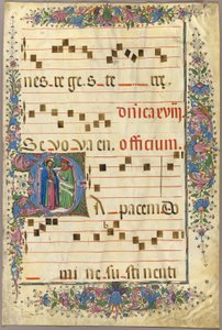 Pagina uit een Koorboek met Christus en een Farizeeër in een Geïllustreerde Initiaal "D" door Master of the Cypresses