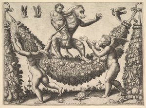Een aap die een gebonden putto vasthoudt, staand op een guirlande
