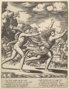 Apollo achtervolgt Daphne die haar armen omhoog gooit, op de achtergrond rechts toont het moment, 1530-60
