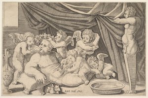 Bacchus omringd door Putti, een standbeeld van Priapus rechts, 1530-60