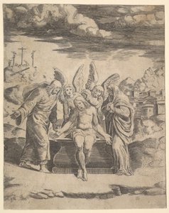 Christus zittend op het graf ondersteund door engelen, 1530-60