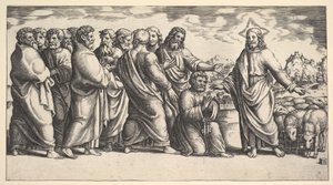 Christus wijst naar een kudde schapen, voor hem knielt St. Peter, 1530-60 door Master of the Die