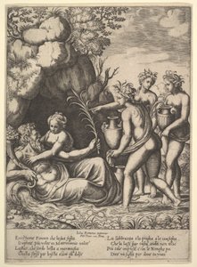 Daphne omhelst haar vader, de riviergod Peneus, links brengen drie nimfen kruiken..., 1530-60