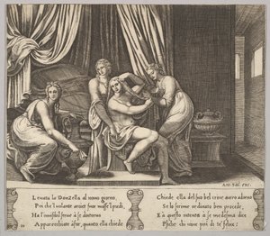 Plaat 10: nimfen helpen Psyche haar haar te kammen, uit 