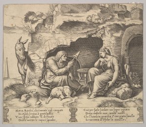Blad 1: Apuleius veranderd in een ezel die luistert naar het verhaal verteld door de oude vrouw, 1520-70 door Master of the Die