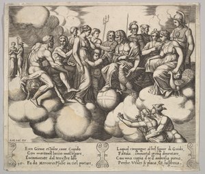 Venus en Cupido pleiten hun zaak in de aanwezigheid van Jupiter en andere Goden, 1530-60 door Master of the Die