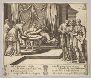 Psyche zittend aan een tafel en bediend door onzichtbare dienaren, Eros naast haar