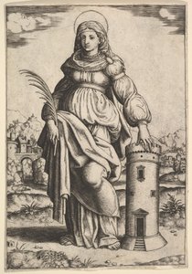 Sint Barbara staand, palm in haar rechterhand, rustend met haar linkerhand op een toren