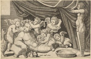 Speculum Romanae Magnificentiae: Bacchus omringd door putti met Priapus, 16e eeuw door Master of the Die