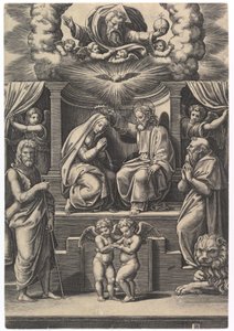 De Kroning van de Maagd, linksonder staat Johannes de Doper, rechtsonder..., 1530-60