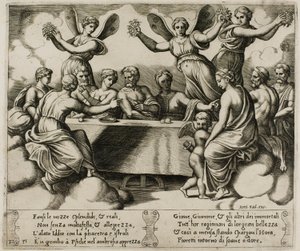 De goden vieren het huwelijk van Psyche en Cupido door Master of the Die