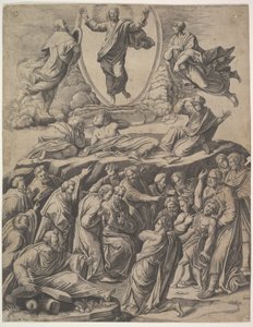 De Transfiguratie van Christus die boven in het midden verschijnt, onder hem verschillende figuren, 1530-60 door Master of the Die