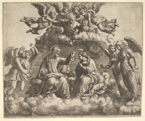 De kroning van de Maagd, Christus houdt de kroon boven haar hoofd, God de Vader zegent..., 1532 door Master of the Die