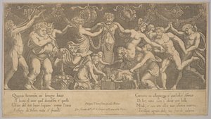 Het offer aan Priapus die in de vorm van een standbeeld in het midden staat, Bacchus en een sa..., 1530-60