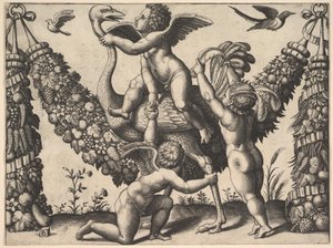 Drie putti voor een grote slinger, de middelste rijdt op een struisvogel, ca. 1530-40 door Master of the Die