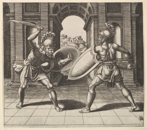 Twee gladiatoren vechten voor een boog, 1530-60 door Master of the Die