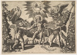 Twee putti presenteren bekers vol goud aan een putto in de gedaante van de god van de rijkdom door Master of the Die