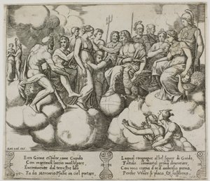 Venus en Cupido pleiten hun zaak in de aanwezigheid van Jupiter en andere goden