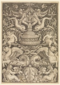 Grotesk met dolfijnen en gevleugelde leeuwen door Master of the Die, Italian or German, 1530 1560