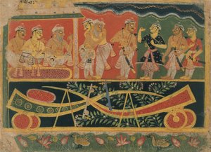 Nanda en Vasudeva: Pagina uit een verspreide Bhagavata Purana..., ca. 1520-30 door Master of the Dispersed Bhagavata Purana.