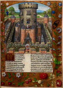 Bel Acueil (Vriendelijke Welkom) gevangen door Jalousie (Jaloezie) in een toren bewaakt door soldaten, uit 