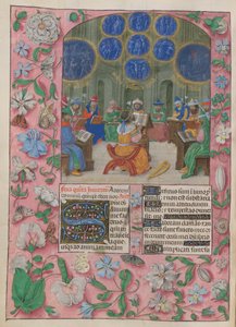 David en de Tempelzangers. De Psalter. David en de Tempelzangers. De zangers dragen allegorische bloemen, onder visioenen van het Lijden, het lijden van de martelaren en de vernietiging van Jeruzalem. Davids harp ligt naast hem.