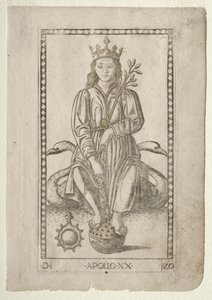 Apollo uit de Tarocchi, serie D: Apollo en de Muzen, #20, voor 1467 door Master of the E Series Tarocchi
