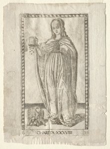 Liefdadigheid uit de Tarocchi, serie B: Kosmische principes & deugden, #38, voor 1467 door Master of the E Series Tarocchi