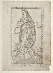 Clio geschiedenis uit de Tarocchi-serie D: Apollo en de Muzen, #19, voor 1467 door Master of the E Series Tarocchi