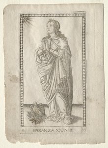 Hoop uit de Tarocchi, serie B: Kosmische principes & deugden, #39, voor 1467 door Master of the E Series Tarocchi