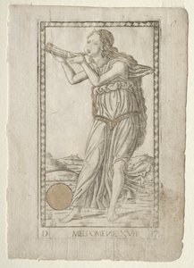Melpomene tragedie uit de Tarocchi-serie D: Apollo en de Muzen, #17, voor 1467 door Master of the E Series Tarocchi