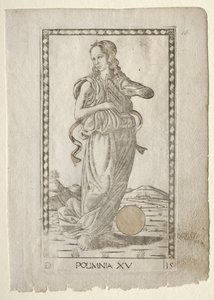 Polyhymnia heroïsche hymnen uit de Tarocchi-serie D..., voor 1467 door Master of the E Series Tarocchi