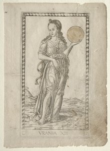 Urania astronomie uit de Tarocchi-serie D: Apollo en de Muzen, #12, voor 1467 door Master of the E Series Tarocchi