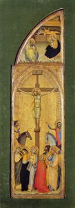 De Kruisiging (olieverf op paneel) door Master of the Fabriano Altarpiece (attr. to)