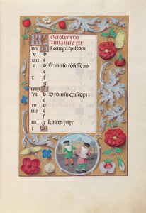 Getijdenboek van Koningin Isabella de Katholieke, Koningin van Spanje: Fol. 11r, Oktober, c. 1500 door Master of the First Prayerbook of Maximillian