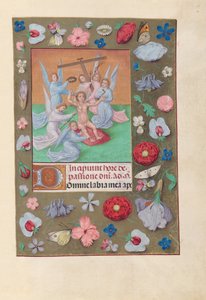 Uren van Koningin Isabella de Katholieke, Koningin van Spanje:  Fol. 50r, Kind Christus met instrumenten van de Passie door Master of the First Prayerbook of Maximillian