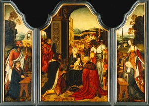 Drieluik: Aanbidding der Wijzen, met St. Jacobus die de schenker presenteert en St. Catharina van Alexandrië die de vrouw en twee dochters van de schenker presenteert door Master of the Holy Blood