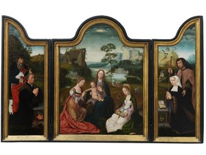 Maagd en Kind met St. Catherine en St. Barbara door Master of the Holy Blood