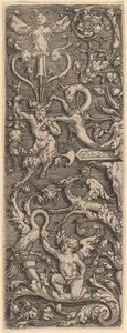 Ornament met een Cupido, een Sater en Groteske Figuren door Master of the Horse Heads